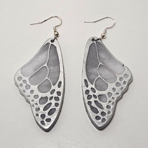 Handmade Monochrome Silver Butterfly Dangly Earrings - Picture 2 of 8